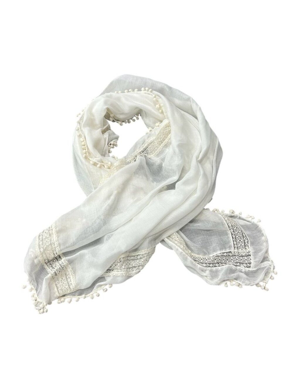White Sheer Scarf Lace Trim Pom Pom Edge Lightweight Wrap Fairycore Ethereal